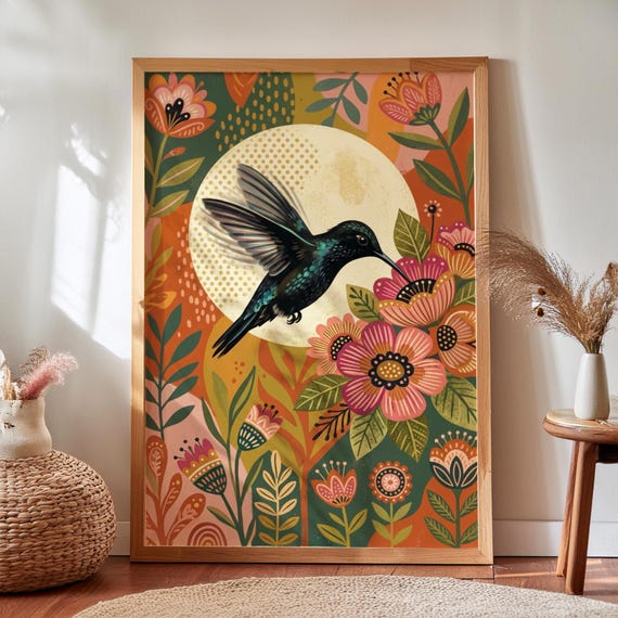 Hummingbird Floral Illustration Folk Botanical Bird Wall Art Print Colorful Garden Nature Decor Poster