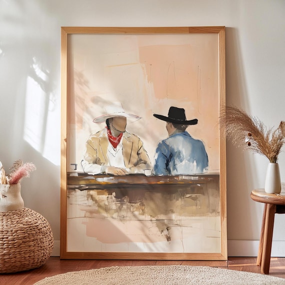 Two Cowboys Sharing Coffee Abstract Western Oil Painting Poster