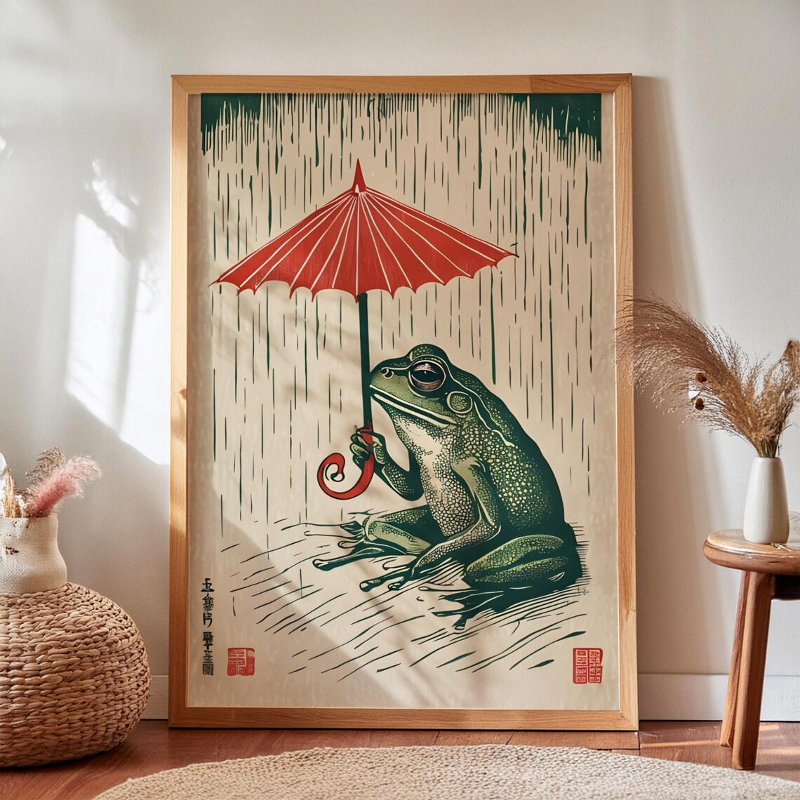 Japanese Frog Umbrella Ukiyoe Style Poster