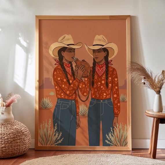 Two Cowgirls Folk Art Print Hand Drawn Western Portrait Boho Decor Digital Download