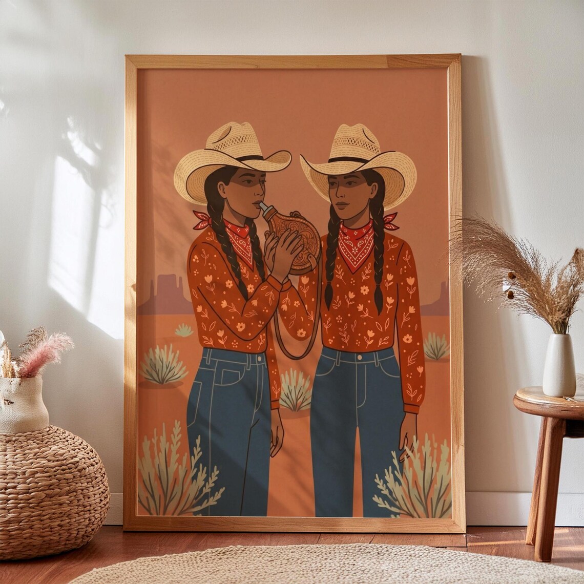Two Cowgirls Folk Art Hand Drawn Western Portrait Boho Desert Cowgirl Poster