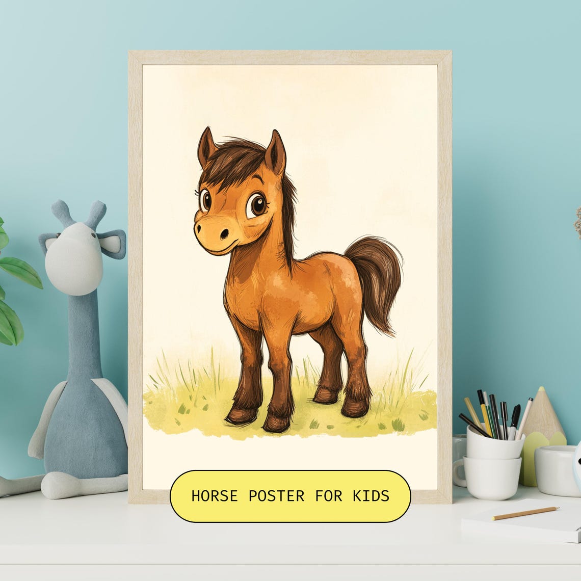 Kids Horse Art Poster Nursery Wall Art Playroom Kids Decor Cute Horse Animal Illustration Childrens Room Prints Horse Poster
