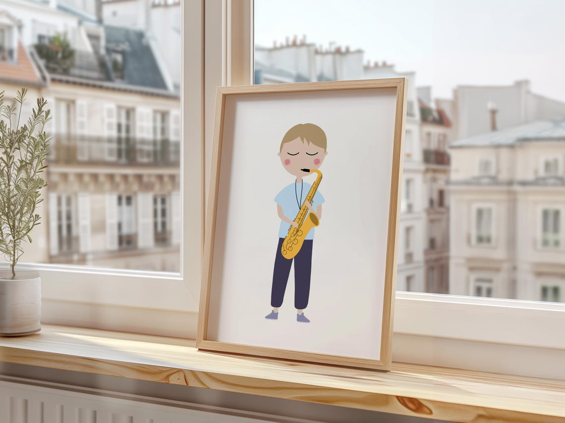 Saxophone Player Boy Minimalist Kids Music Room Decor Art Print - Image 2