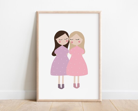 Sisters Art Print Little Girlfriends Art Print Sister Gift Print Best Friend Birthday Gift Print Soul Sister Illustration