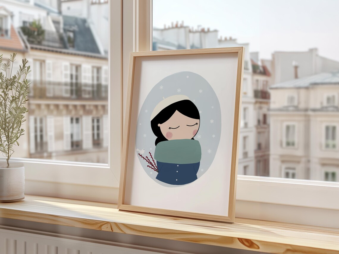 Winter Girl Beret Snowflake Cozy Blue Illustration Kids Room Art Print - Image 3