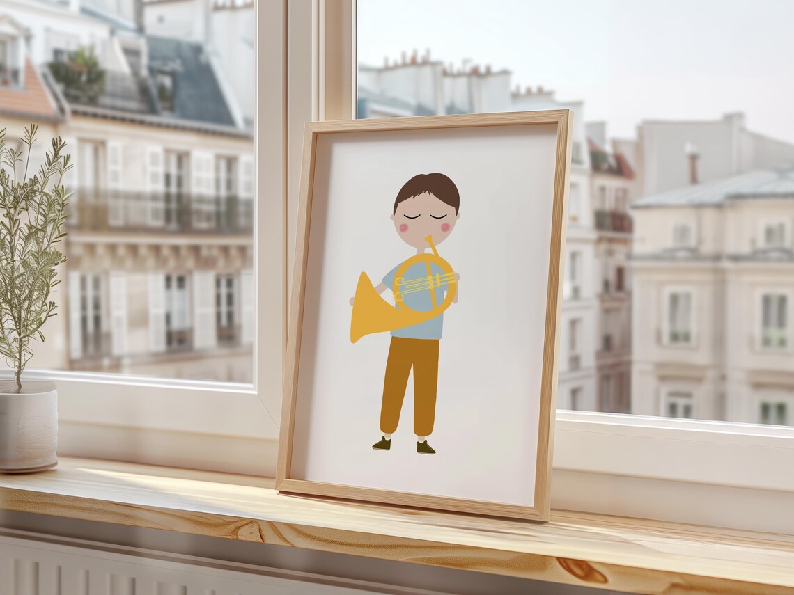 Boy Playing Golden French Horn Blue Shirt Kids Music Instrument Poster - Image 3