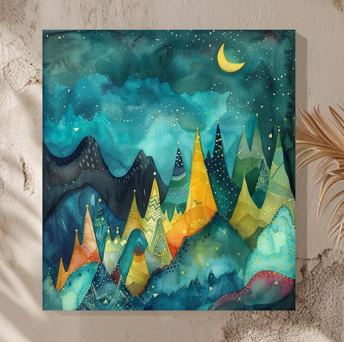 Whimsical Watercolor Night Sky Mountain Art Print