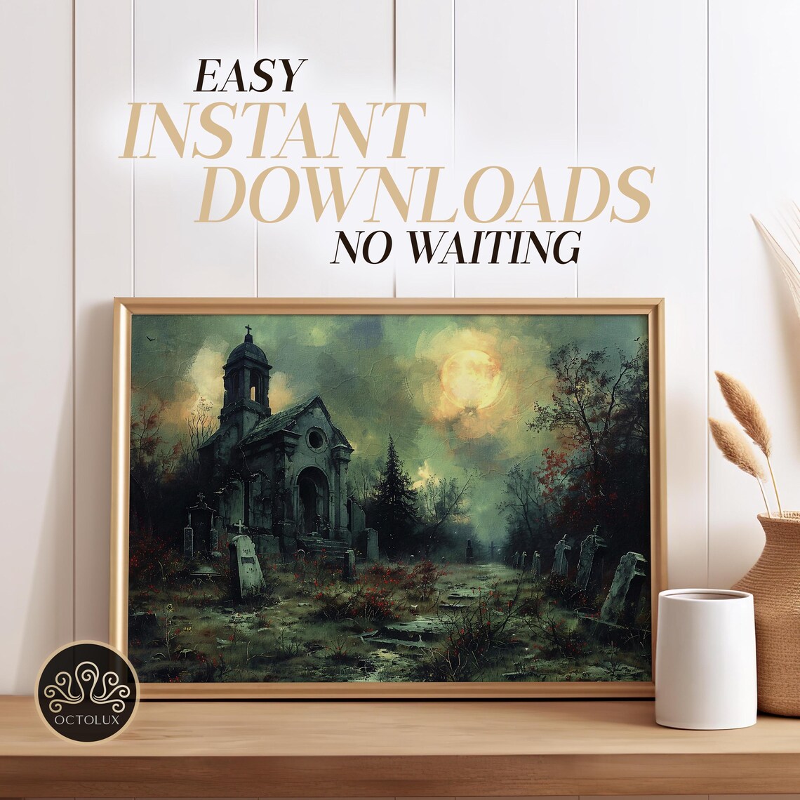 Dark Cemetery Moonlit Chapel Graveyard Spooky Halloween Gothic Wall Art - Image 3