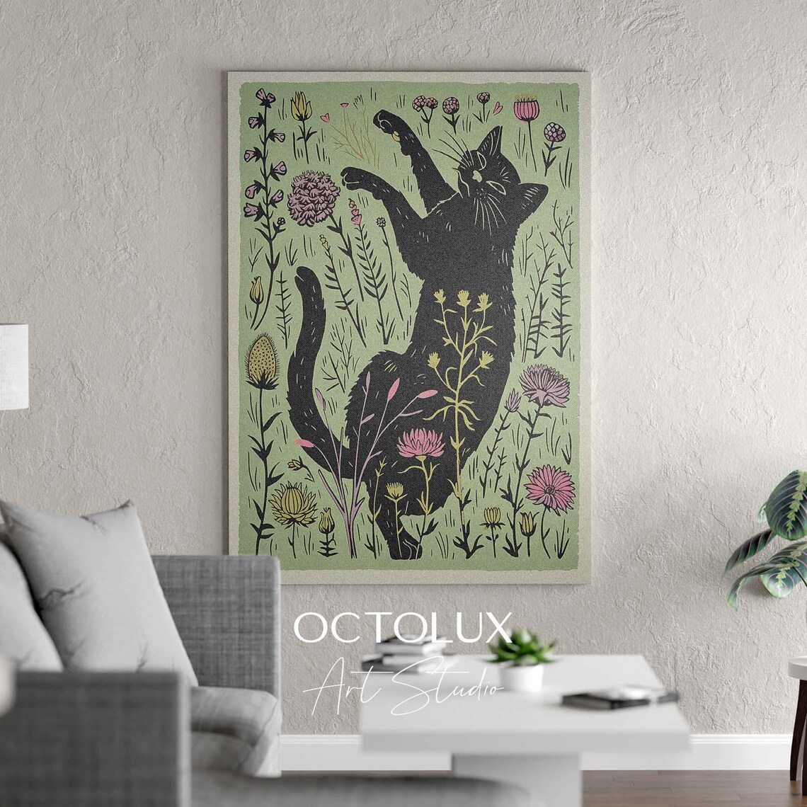 Black Cat Stretching In Wildflower Garden Vintage Botanical Woodcut Art Print - Image 2