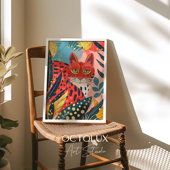 Colorful Pop Art Cat Among Tropical Leaves Playful Feline Wall Art Print