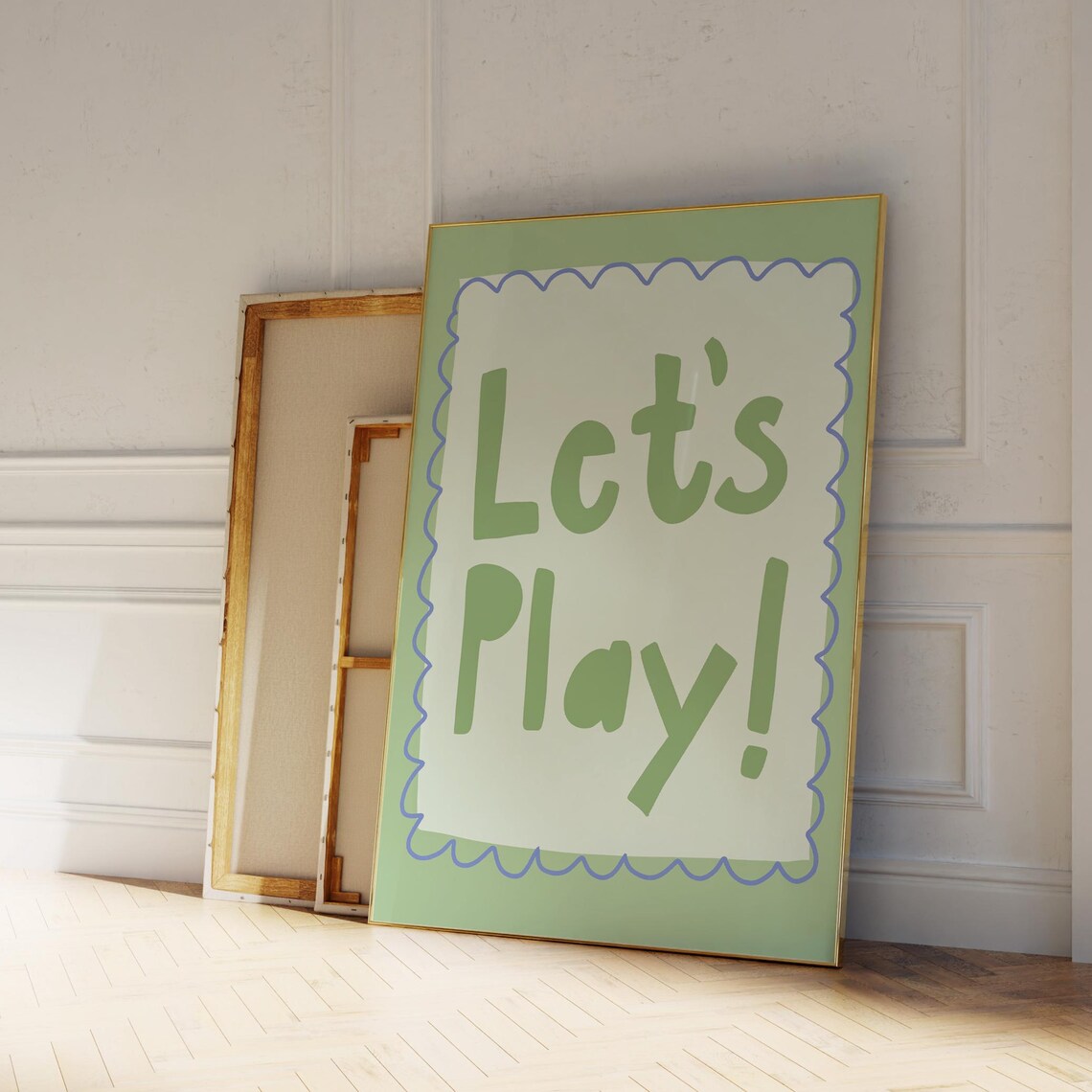 Let's Play Green Hand Lettered Typography Nursery Playroom Decor Poster