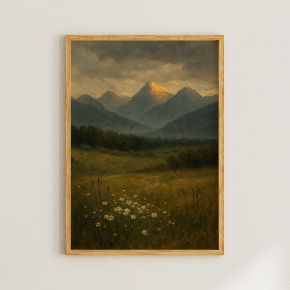 Mountain Wall Art Green Moody Meadow Landscape Paiting For Farmhouse Living Room Or Kitchen Decor Serene Nature Scene Housewarming Gift
