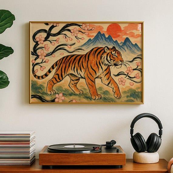Vintage Japanese Tiger Art Print, Maximalist Japandi