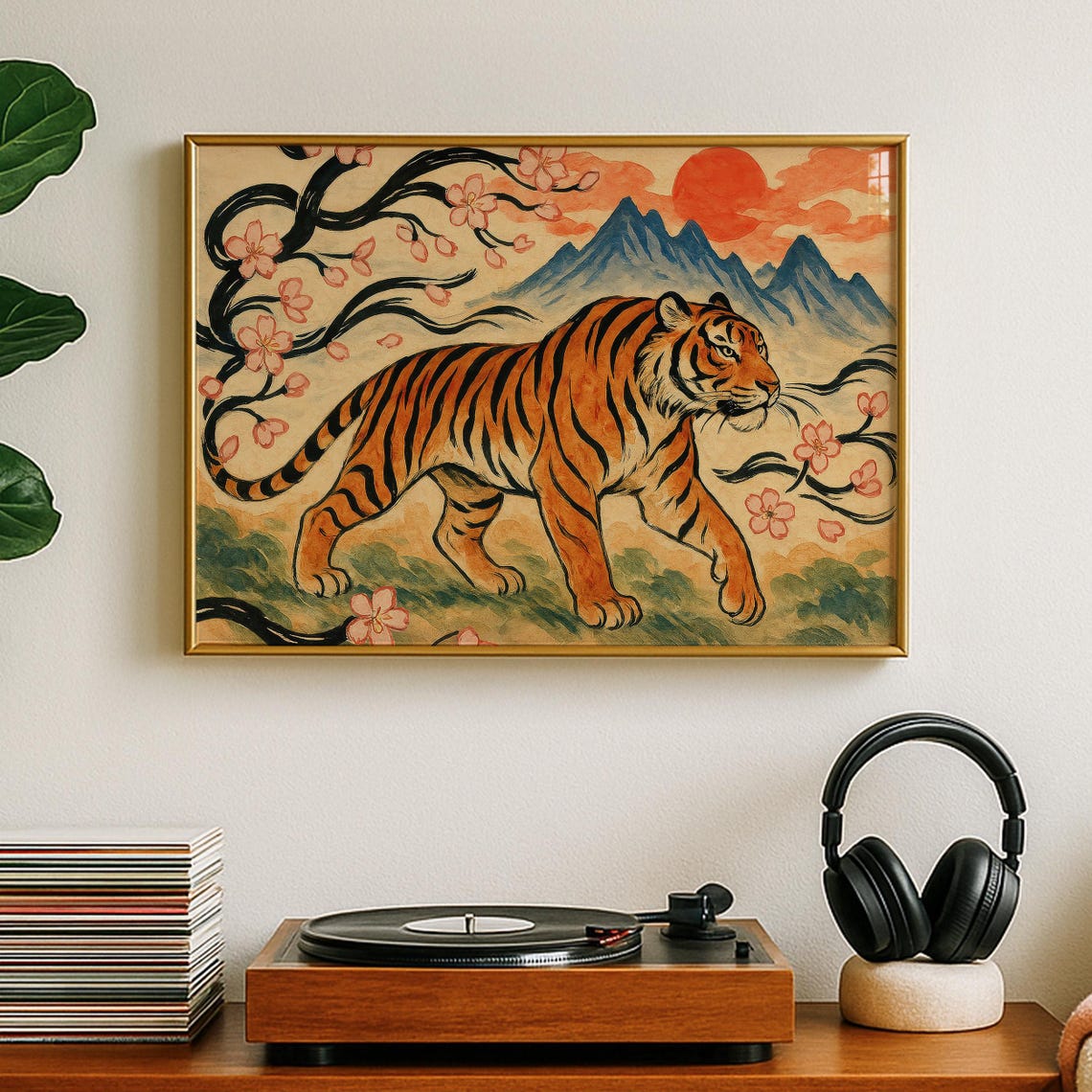 Vintage Japanese Tiger Art Print, Maximalist Japandi