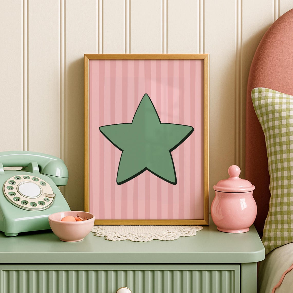 Green Star Pink Striped Preppy Retro Dorm Room Pop Art Poster