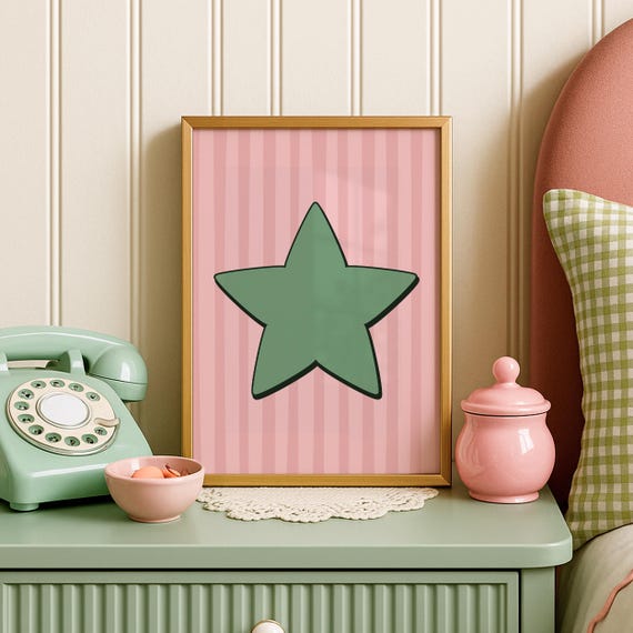 Hand Drawn Star Print Funky College Room Prints Cute Pink And Green Dorm Roomprint Y2k Preppy Girly Apartment