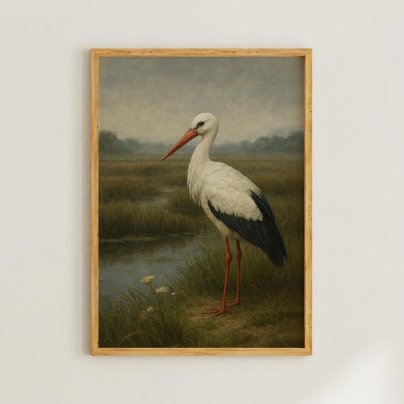 Moody Sage Green Marsh Landscape Stork Painting Poster Rustic Wall Art Print For Nature Inspired Farmhouse Kitchen Bedroom Or Entryway