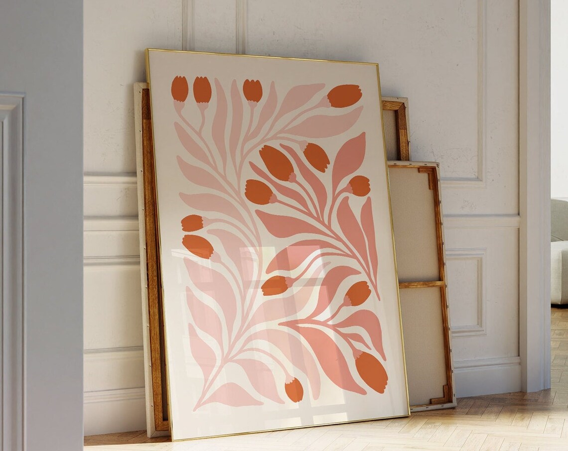 Pink Tulip Abstract Botanical Salmon Orange Modern Floral Wall Poster