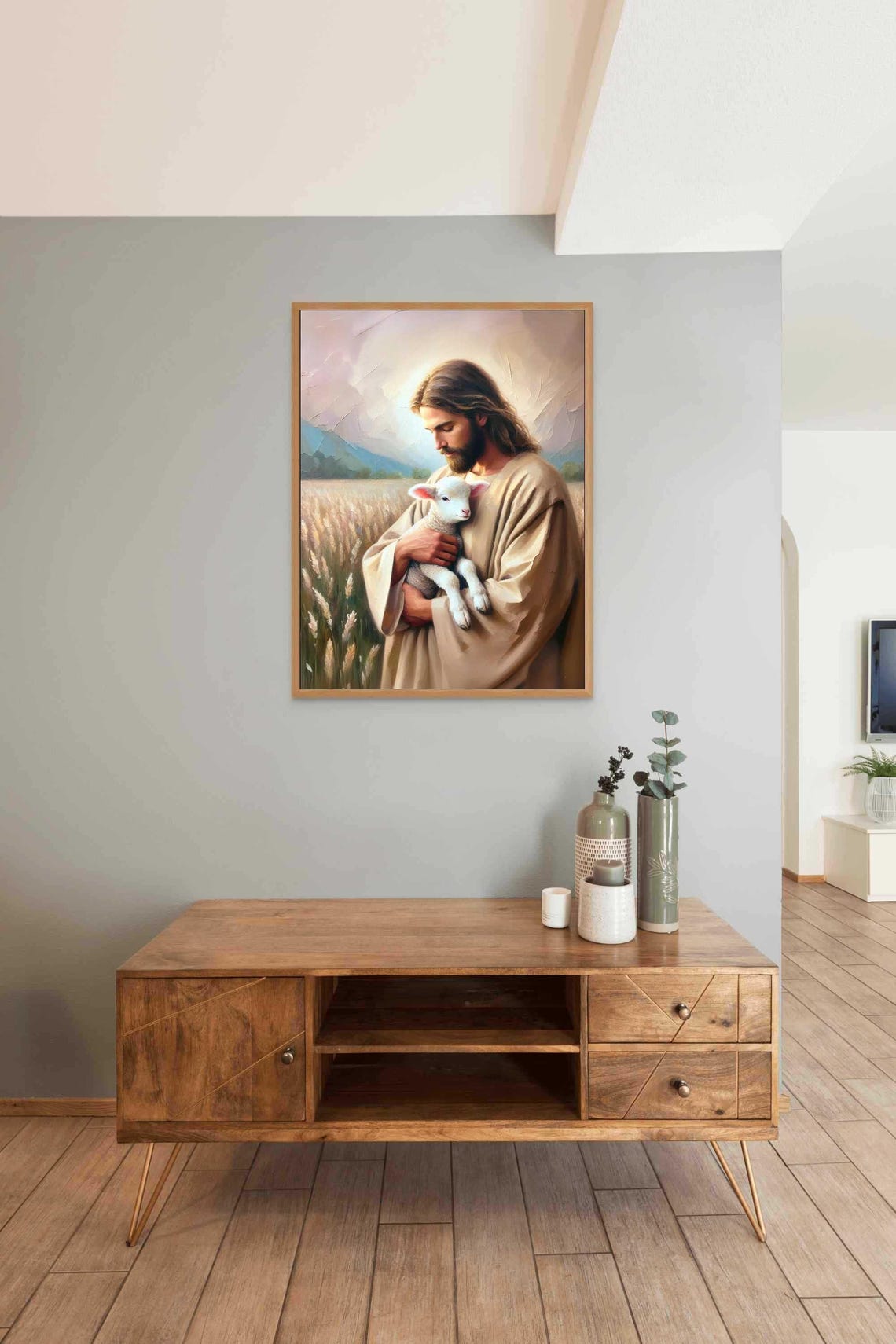 Jesus Holding White Lamb In Wheat Field Good Shepherd Painting Poster - Image 3