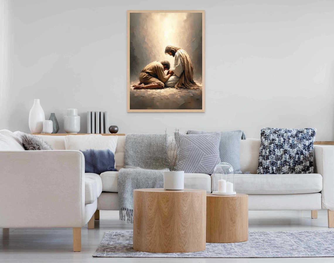 Jesus Comforting Kneeling Man Bowed In Prayer With Gentle Mercy Poster - Image 6