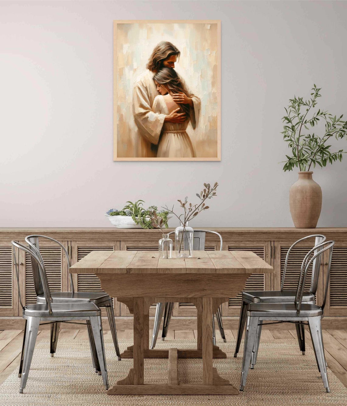 Jesus Embracing Woman In Cream Dress Soft Neutral Light Art Poster - Image 3