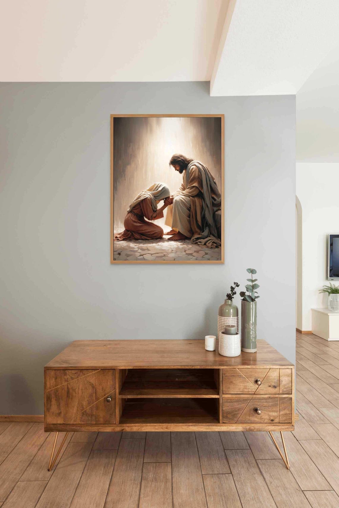 Jesus Comforting Kneeling Woman Prayer Hands Christian Art Poster - Image 3