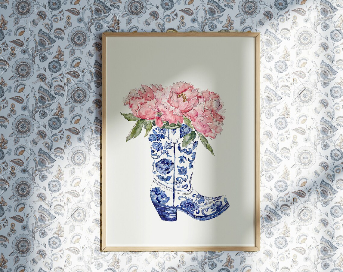 Coastal Cowgirl Blue Floral Cowboy Boot Pink Peony Art Poster - Image 4