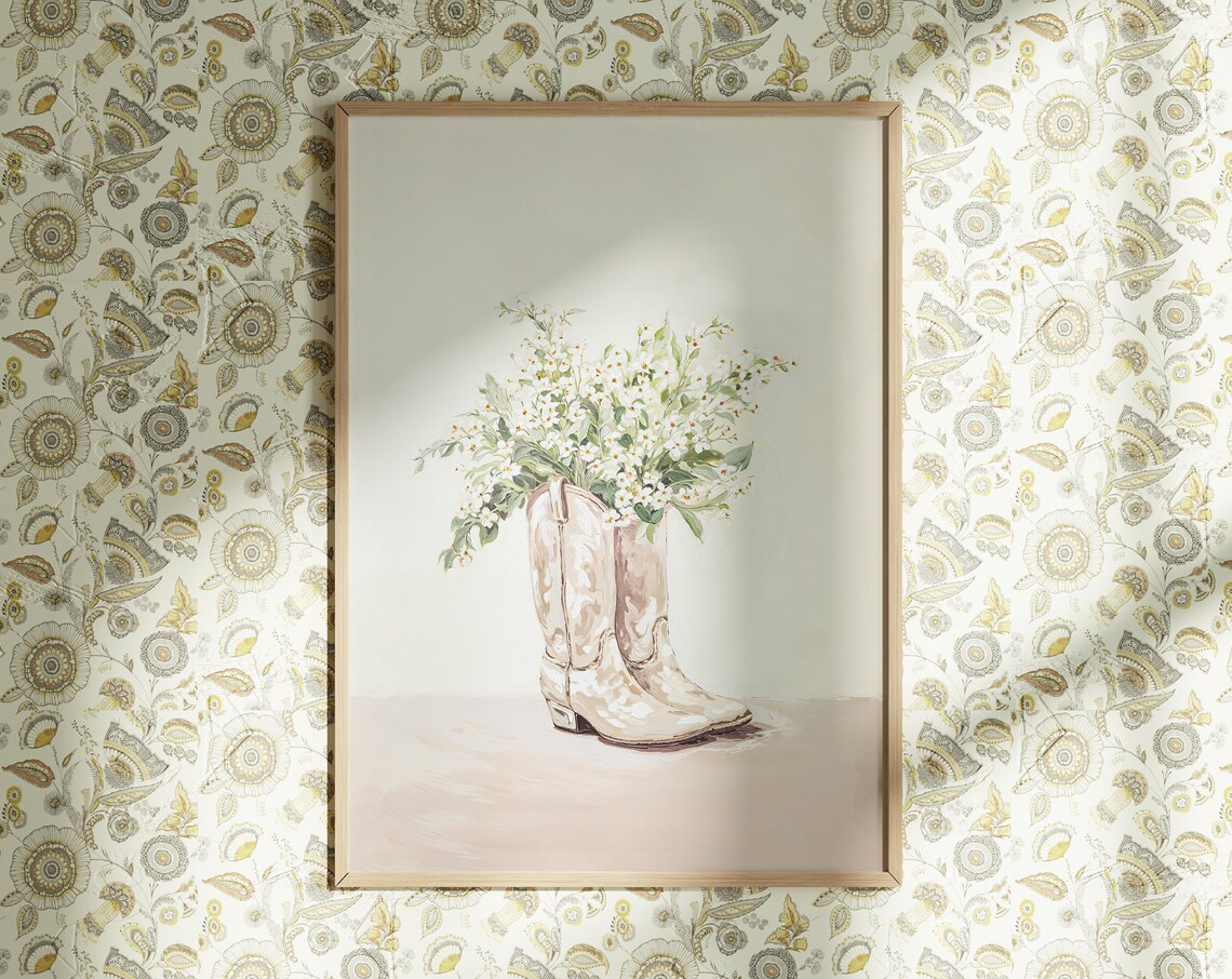 White Cowboy Boots with Wildflowers Watercolor Western Chic Wall Art - Image 3