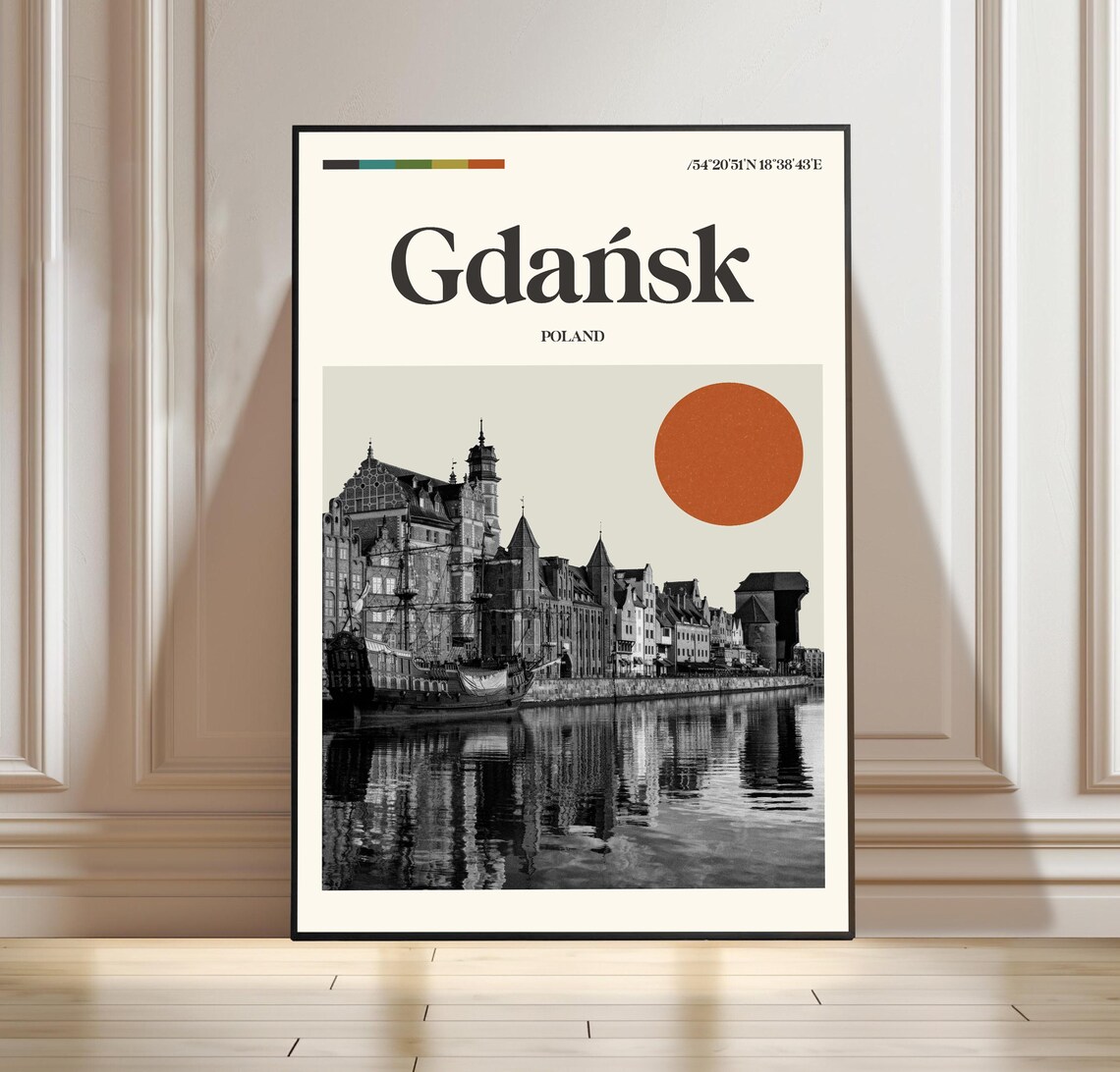 Gdansk Poland Black and White Waterfront Vintage Travel Poster