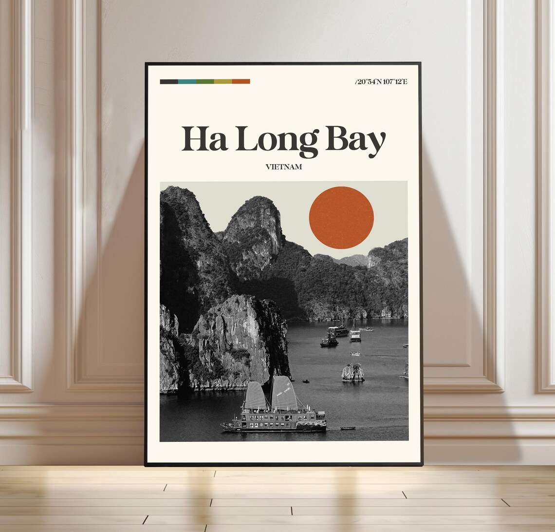Ha Long Bay Vietnam Retro Travel Poster Limestone Karsts Junk Boat