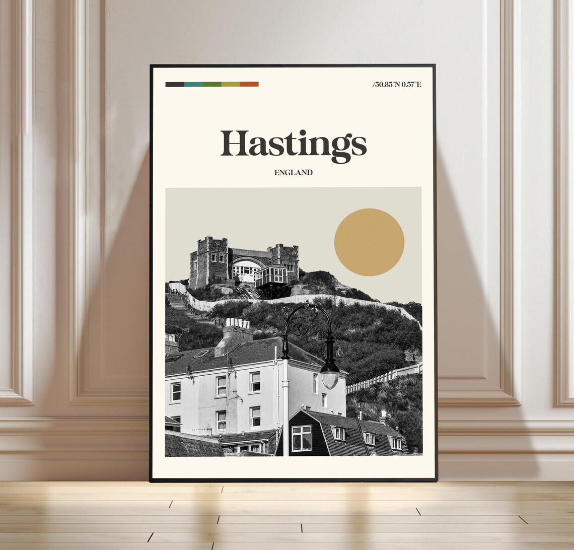 Hastings England Retro Travel Poster Castle Hill Seaside Town Art