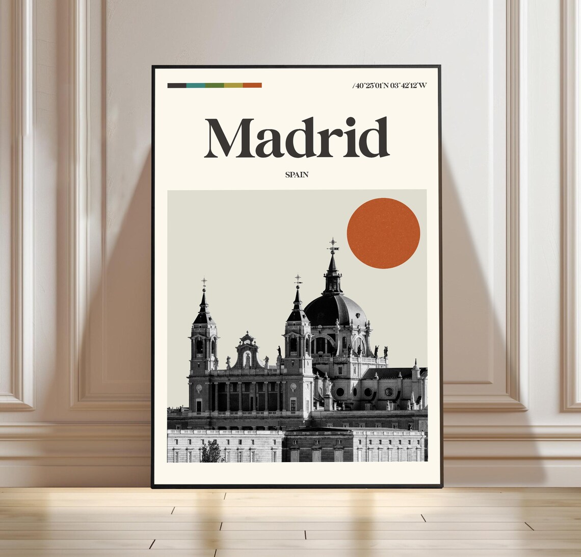 Madrid Spain Cathedral Minimalist Travel Poster with Burnt Orange Sun