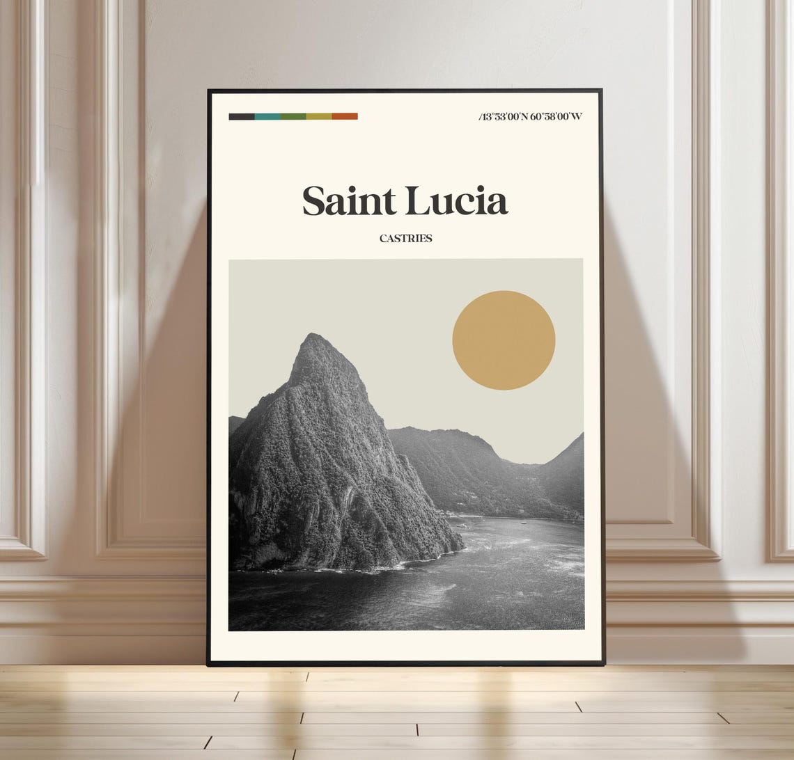 Vintage Saint Lucia Castries Pitons Caribbean Island Travel Poster
