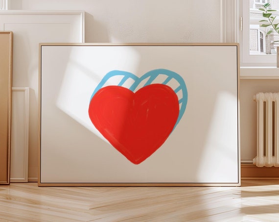 Red Heart Colorful Hearts Art Bedroom Wall Dopamine Decor Illustration Naive