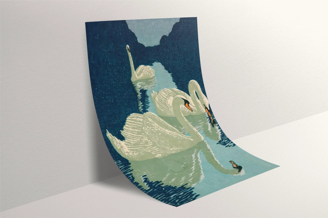 Vintage White Swans On Dark Water Woodblock Style Bird Art Poster - Image 3