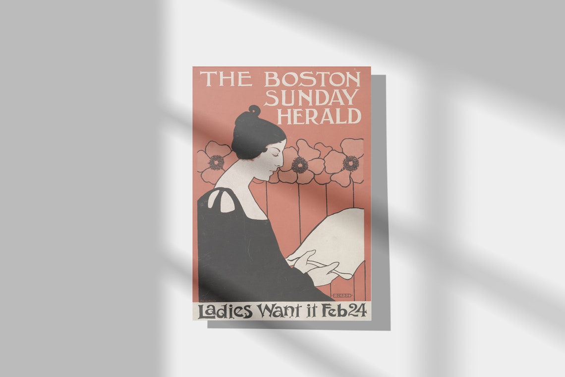 Boston Sunday Herald Ladies Art Nouveau Woman Reading Poster - Image 3