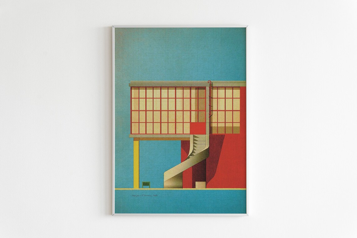 Modernist Red Building Glass Facade Curved Staircase Architecture Art Poster