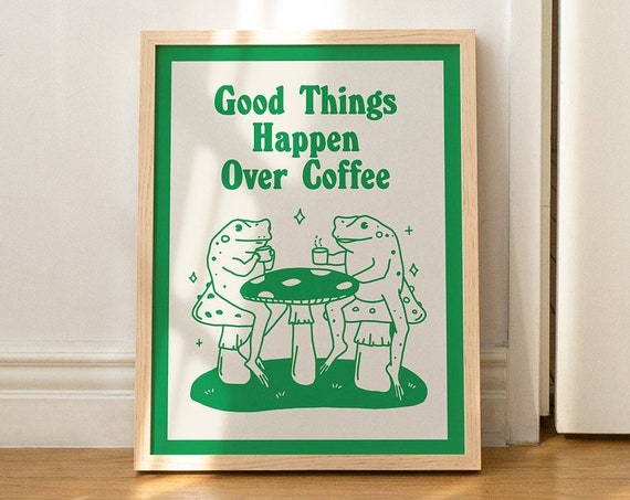 Retro Coffee Print Frog Poster Coffee Bar Decor Frog Art Prints Green Poster Kitchen