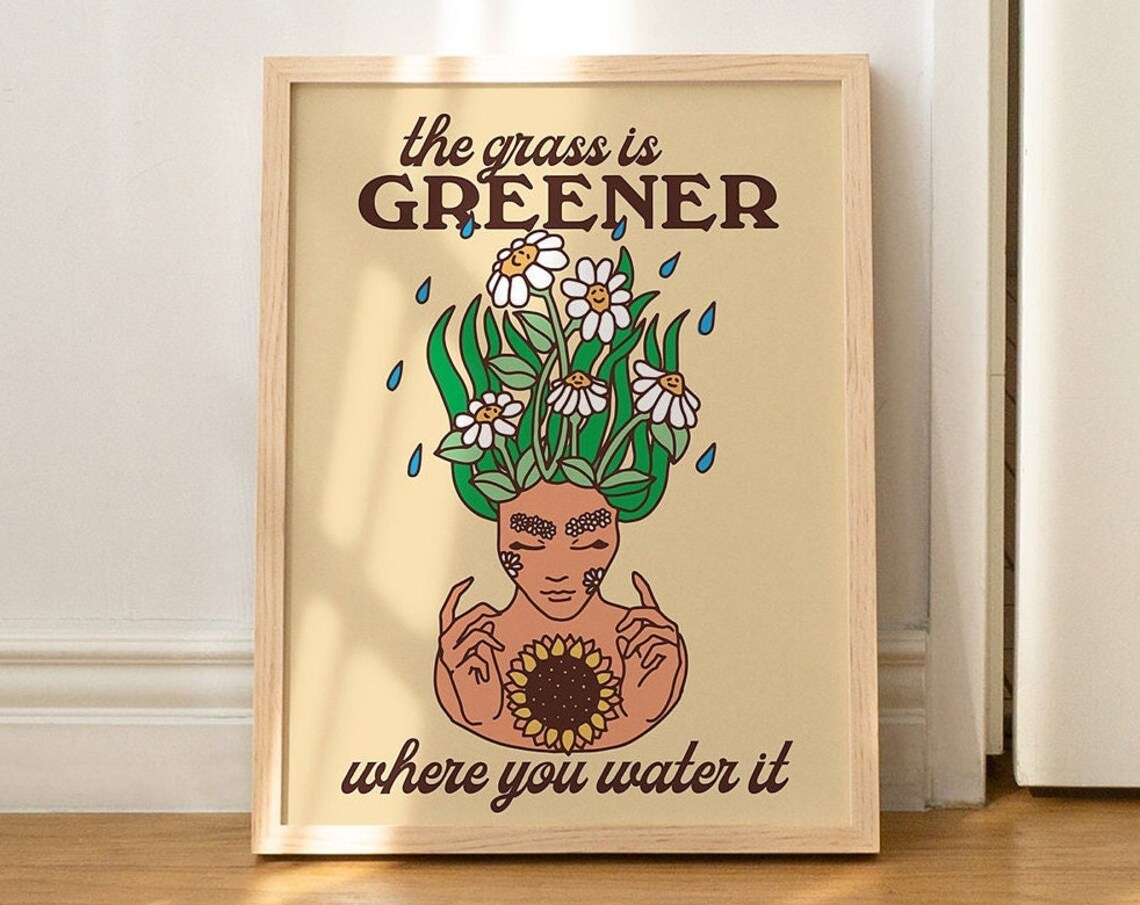 Retro Flowers Positivity Quote Art Print