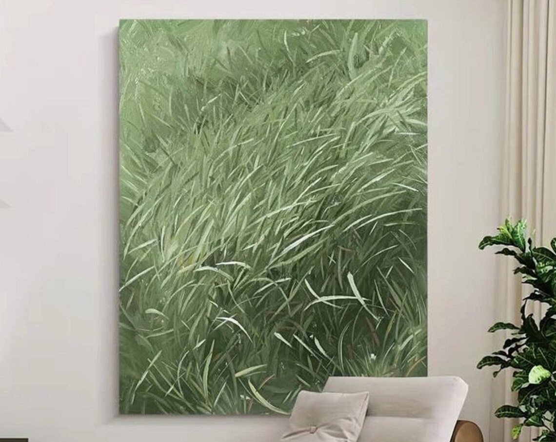 Green Grass Blades Abstract Nature Textured Meadow Painting Poster