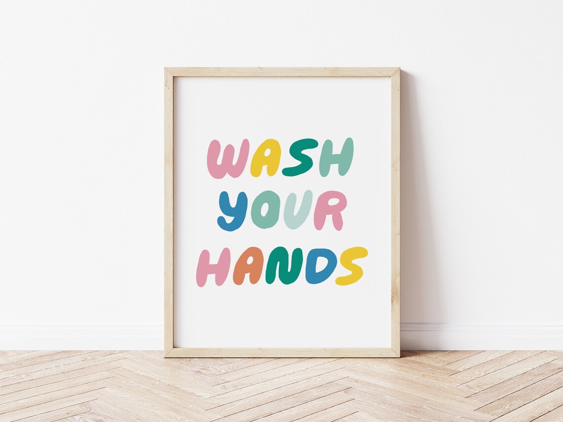 Wash Your Hands Colorful Bubble Letters Kids Bathroom Fun Decor Poster