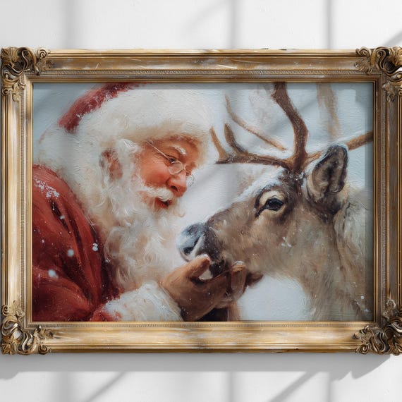Vintage Santa Reindeer Print Christmas Wall Art Cute Oil Painting Xmas Poster Holiday Decor Winter Snow Landscape Festive