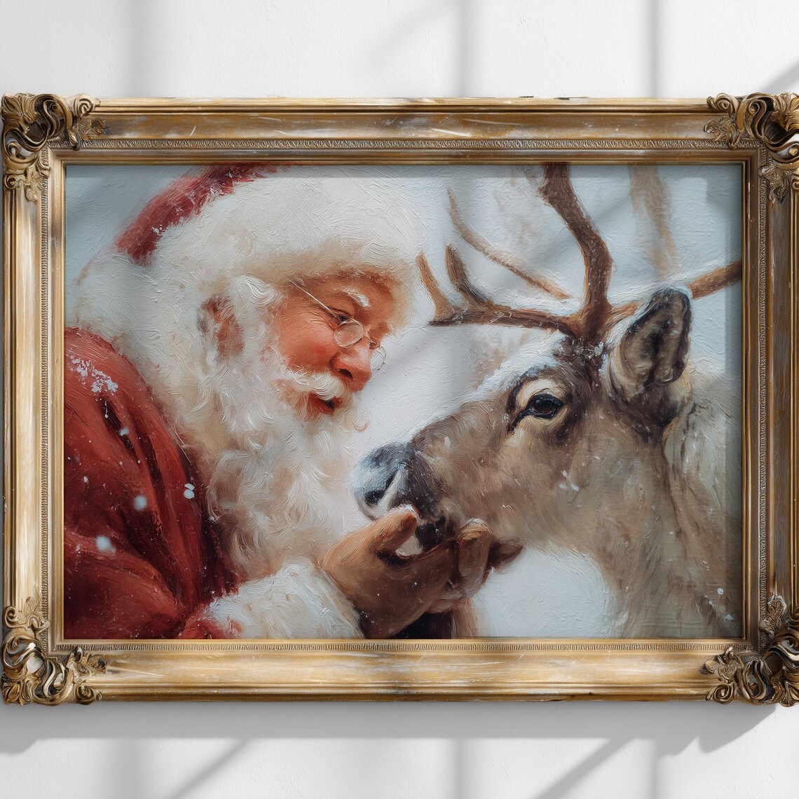 Vintage Santa Reindeer Print Christmas Wall Art Cute Oil Painting Xmas Poster Holiday Decor Winter Snow Landscape Festive