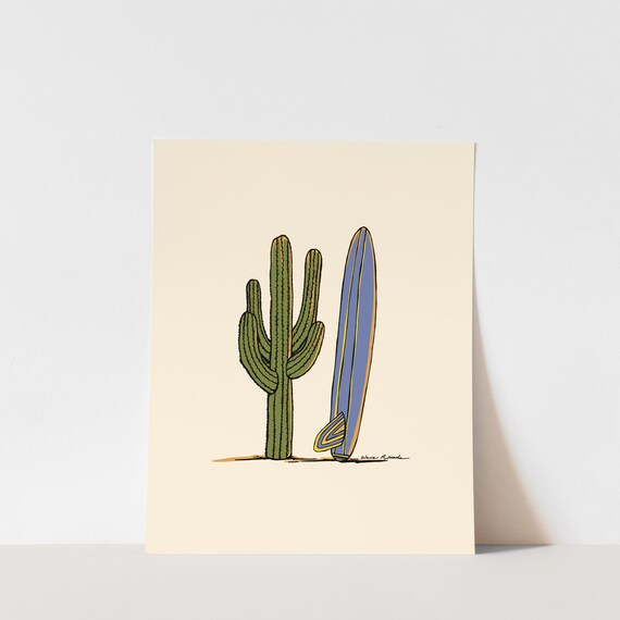 Saguaro Cactus Surfboard Minimalist Desert Illustration Poster