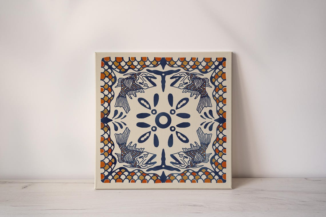 Fish Pattern Talavera Tile Navy Orange Koi Motif Coastal Art Poster - Image 2
