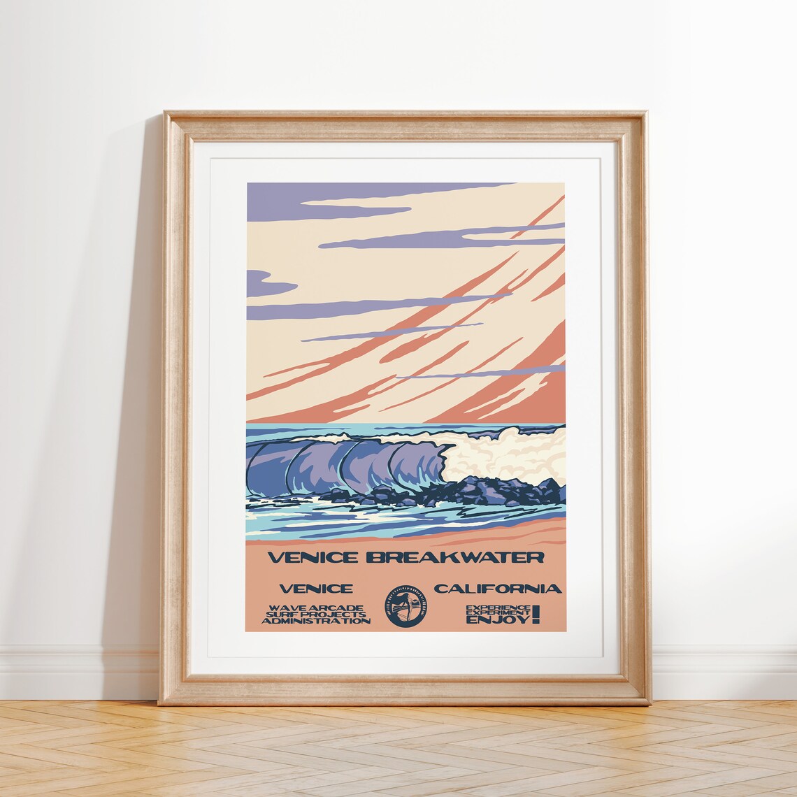 Venice Breakwater California Surf Wave Retro Sunset Travel Poster
