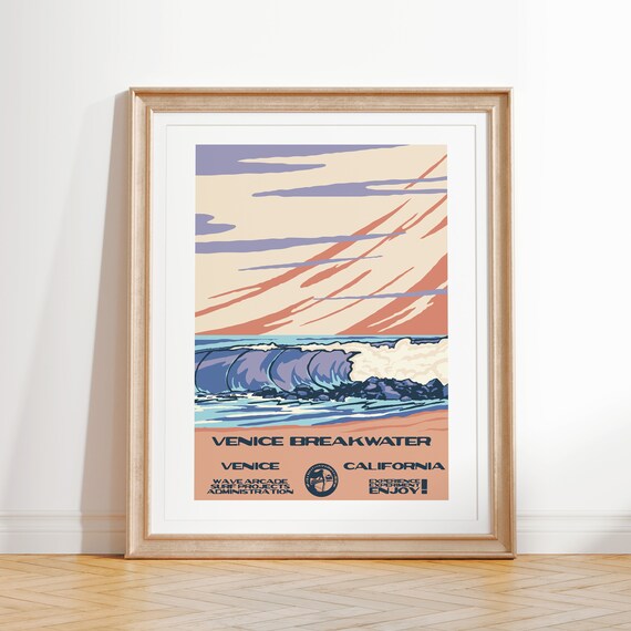 Venice Breakwater Art Print Vintage National Parks Style Surf Poster Venice Ca Coastal Surf Decor