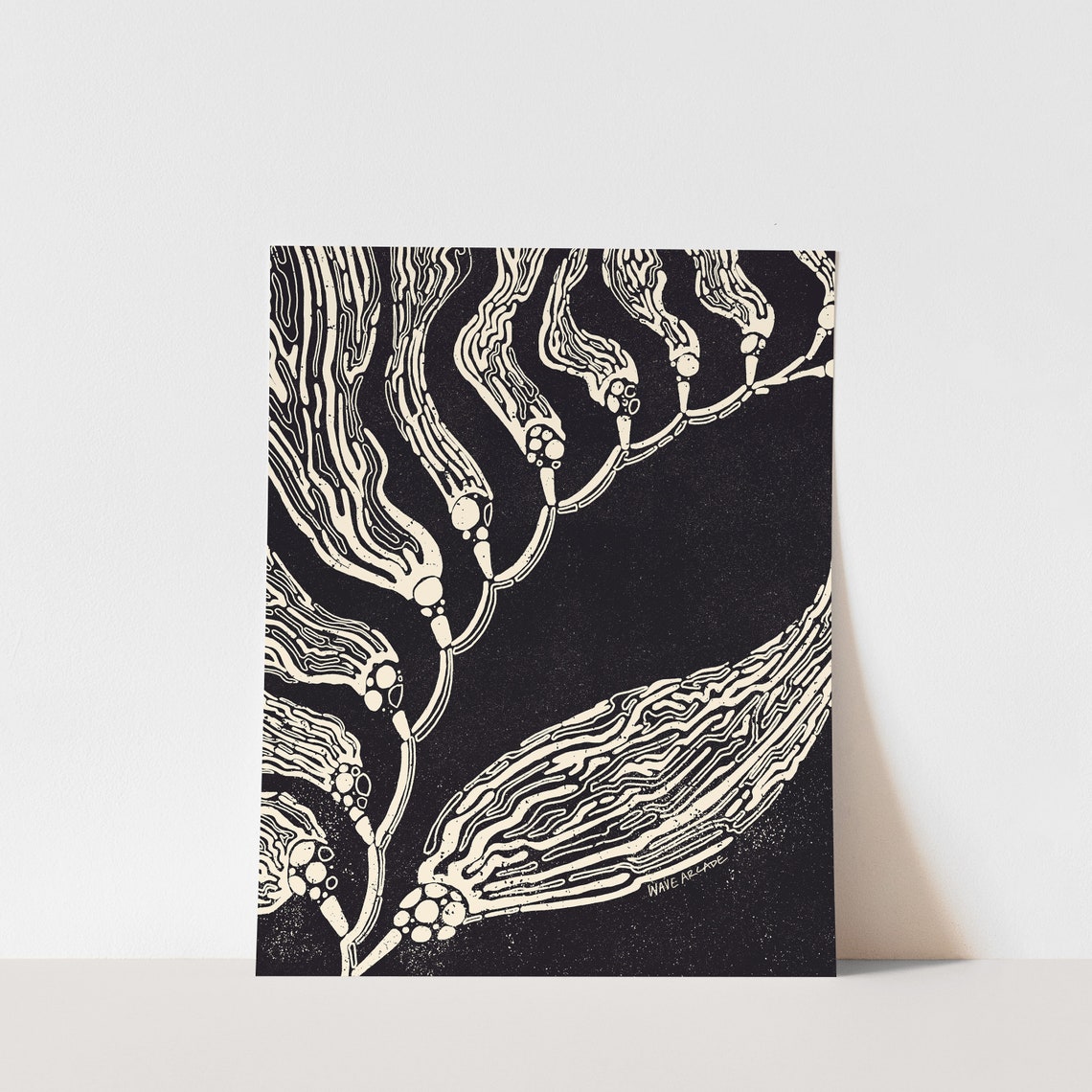 Giant Kelp Black and White Seaweed Linocut Coastal Illustration Poster