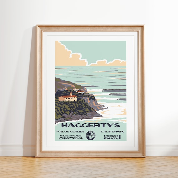 Haggertys Art Print Vintage National Parks Style Surf Poster Palos Verdes Ca Coastal Surf Decor