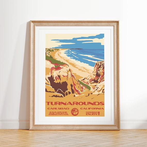 Turnarounds Art Print Vintage National Parks Style Surf Poster Carlsbad Ca Coastal Surf Decor